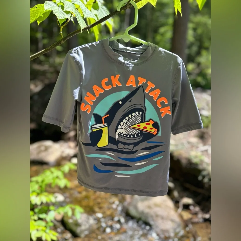 Shark Snack Attack Rash Guard Boys UPF Swim Top XS (4/5) Gray Pizza Cat & Jack